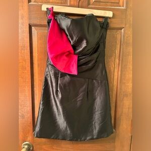 Hand made Pretty strapless Pink and black satiny Prom dress. No size tag.